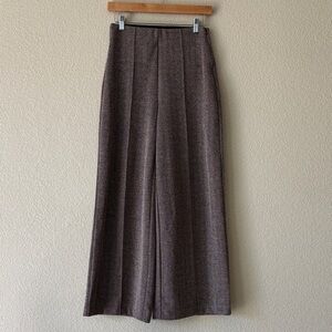 ICHI Brown Wide Leg Pants With Elastic Waistband and Herringbone Pattern